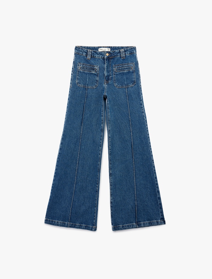  Rahat Kalıp Cep Detaylı Nervürlü Geniş Paça Jean Pantolon -  Wide Leg Jeans