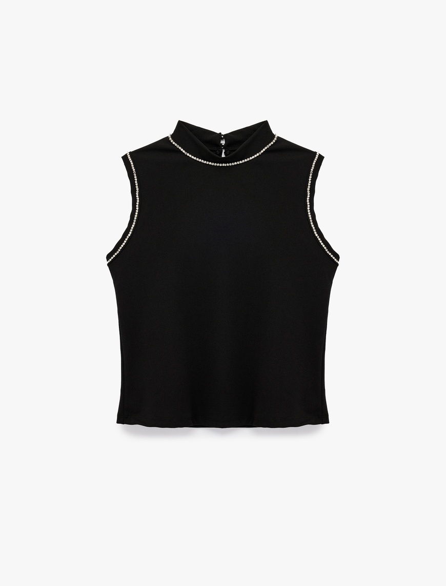   Krep Scuba Kumaş Slim Fit Dik Yaka Kolsuz Taşlı Bluz