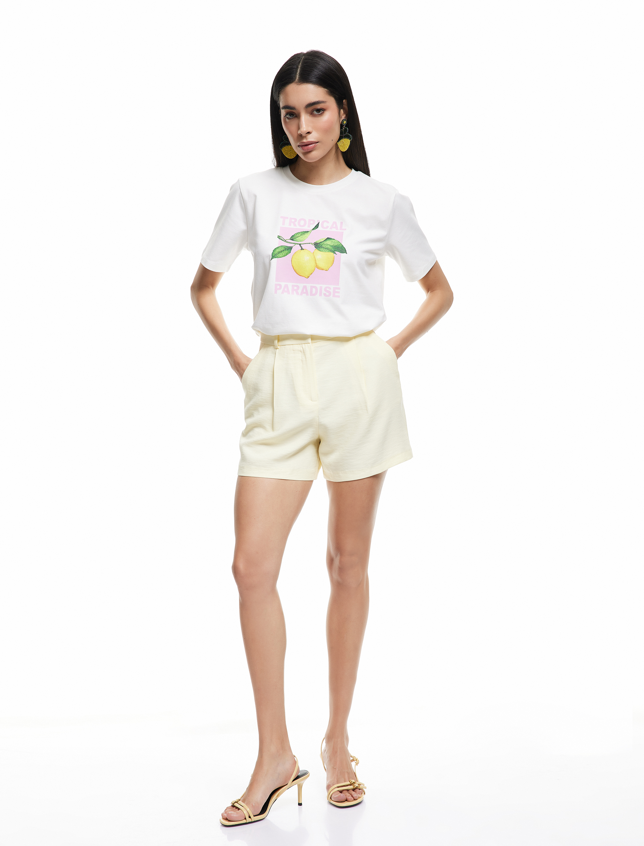   Koton X Sibil Çetinkaya - Pamuklu Kısa Kollu Bisiklet Yaka Limon Baskılı Tişört