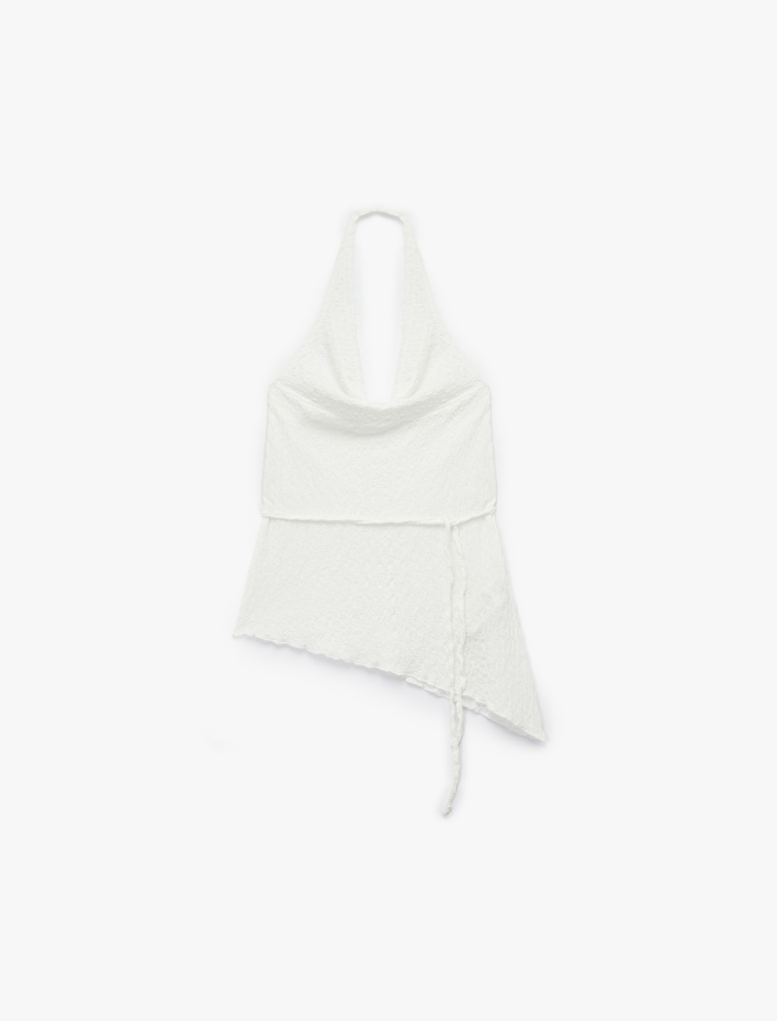  Bağlama Detaylı Slim Fit Bürümcük Asimetrik Kesim Kolsuz Degaje Yaka Bluz
