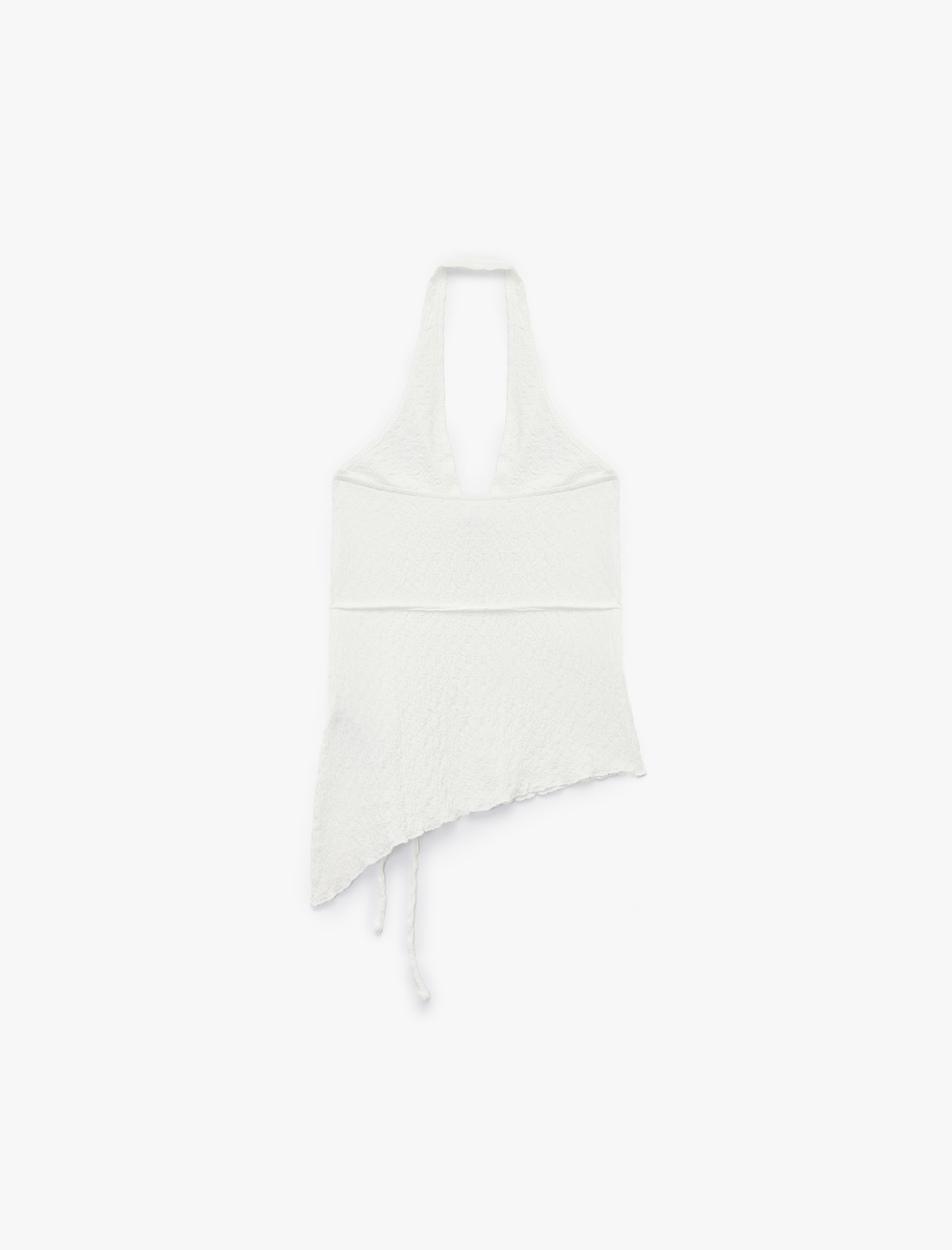   Bağlama Detaylı Slim Fit Bürümcük Asimetrik Kesim Kolsuz Degaje Yaka Bluz