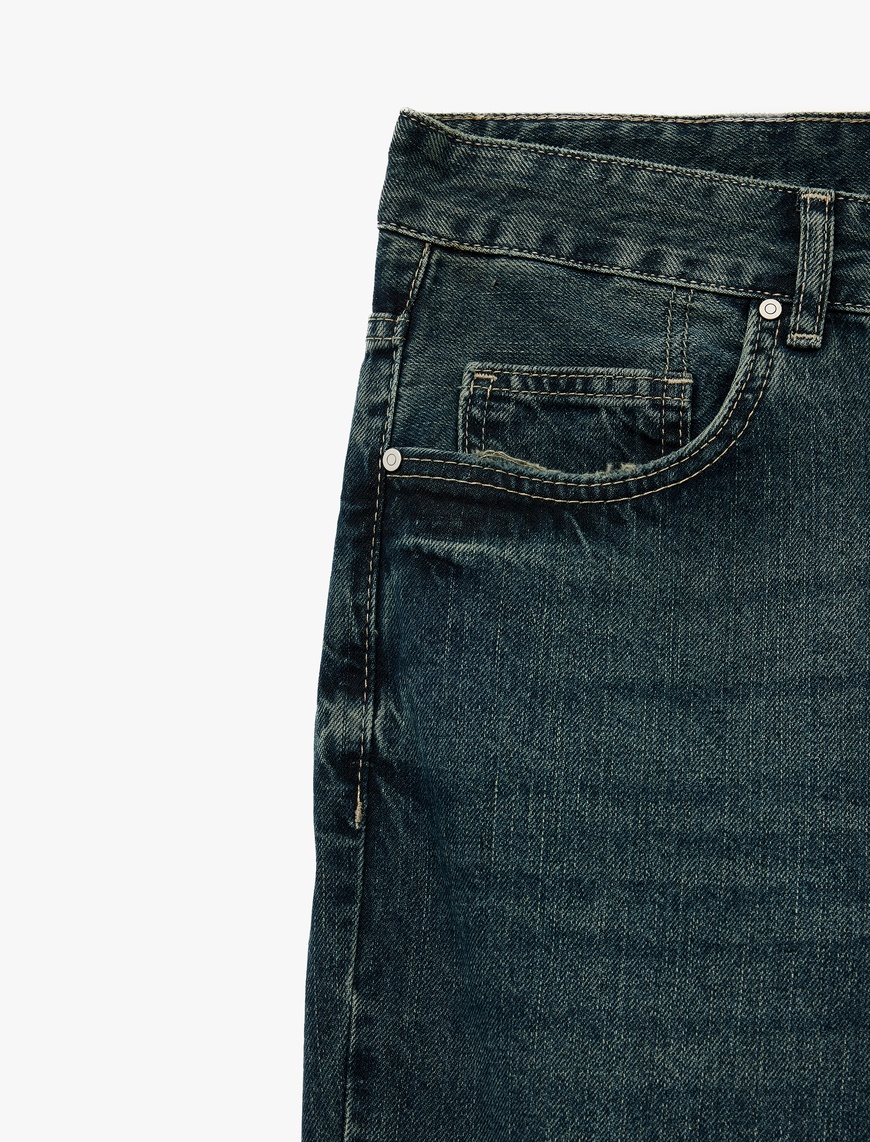   Normal Bel Pamuklu Vintage Straight Fit Jean Pantolon