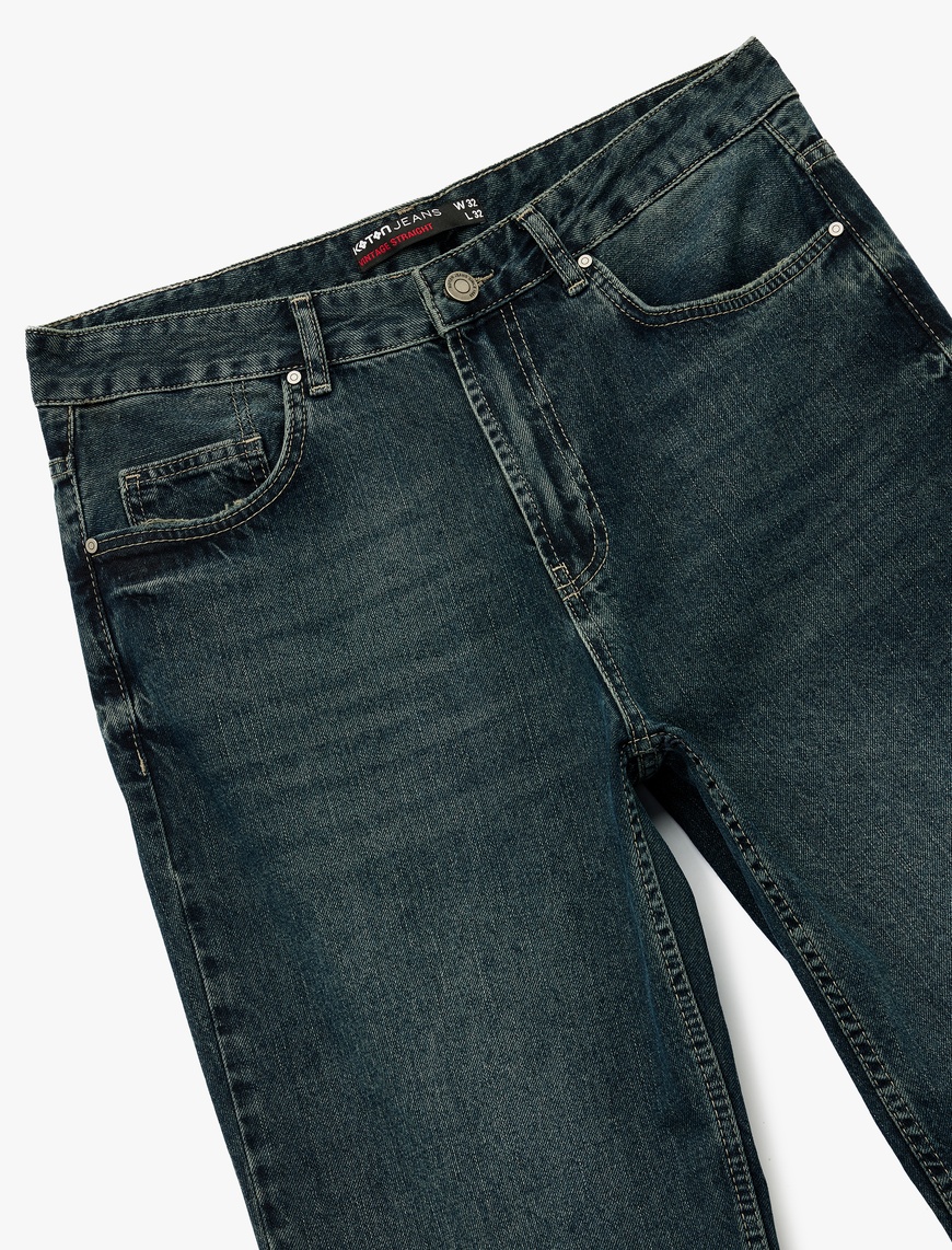   Normal Bel Pamuklu Vintage Straight Fit Jean Pantolon
