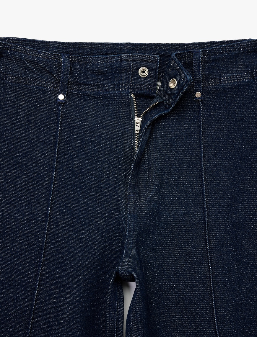   Yüksek Bel Pamuklu Metal Aksesuarlı Nervürlü Kısa Jean Pantolon - Culotte Jeans