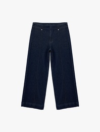 Yüksek Bel Pamuklu Metal Aksesuarlı Nervürlü Kısa Jean Pantolon - Culotte Jeans