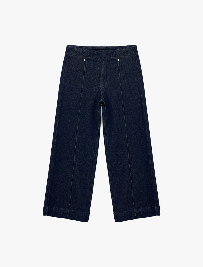  Yüksek Bel Pamuklu Metal Aksesuarlı Nervürlü Kısa Jean Pantolon - Culotte Jeans