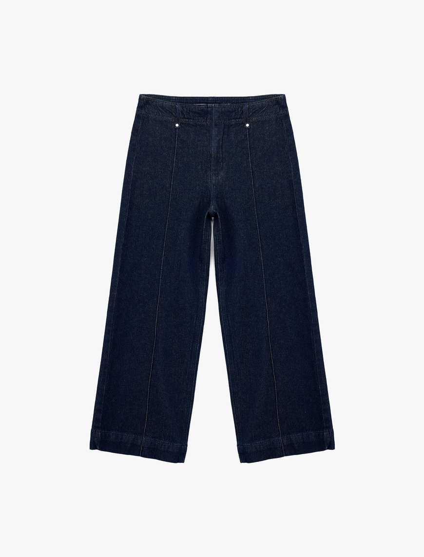   Yüksek Bel Pamuklu Metal Aksesuarlı Nervürlü Kısa Jean Pantolon - Culotte Jeans