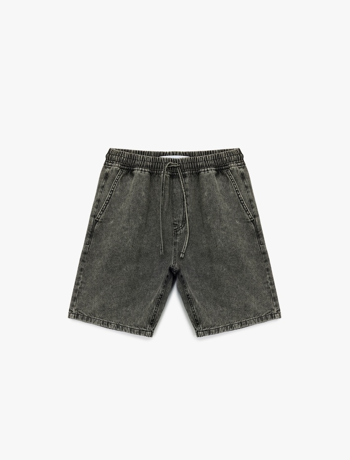  Beli Bağcıklı Pamuklu Cep Detaylı Baggy Jean Şort
