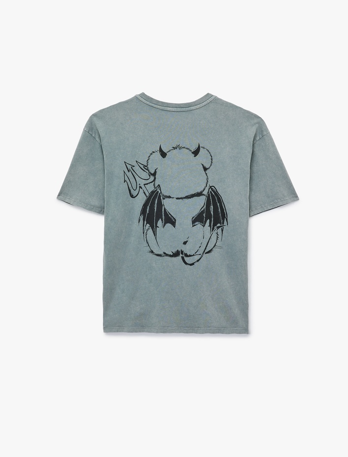  Kısa Kollu Yıkamalı Bisiklet Yaka Pamuklu Ayıcık Baskılı Oversize Tişört