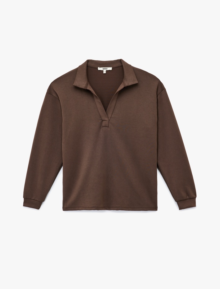  Rahat Kalıp Modal Kumaş Uzun Kollu Polo Yaka Sweatshirt