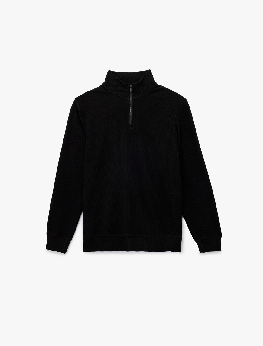   Uzun Kollu Ribanalı Yarım Fermuarlı Sweatshirt