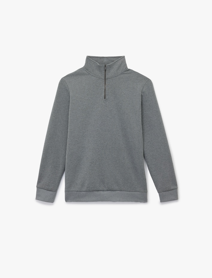 Dokulu Uzun Kollu Yarım Fermuarlı Sweatshirt