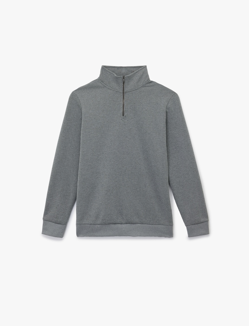   Dokulu Uzun Kollu Yarım Fermuarlı Sweatshirt
