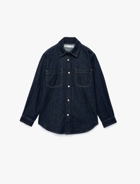 Cep Detaylı Uzun Kollu Klasik Yaka Denim Gömlek