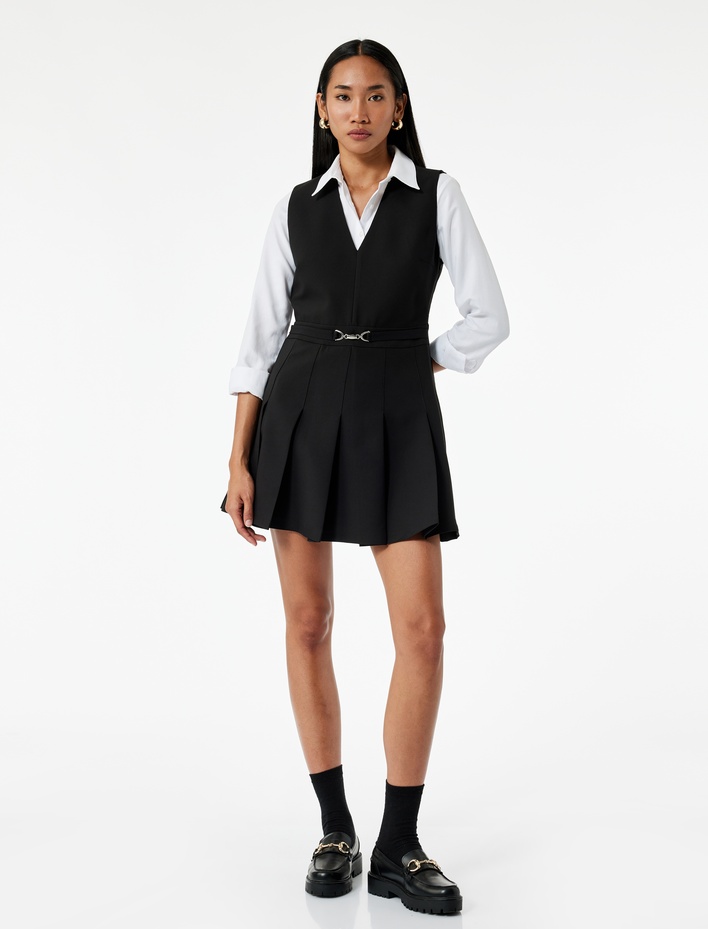  V Yaka Kolsuz A Kesim Mini Pileli Jile Elbise