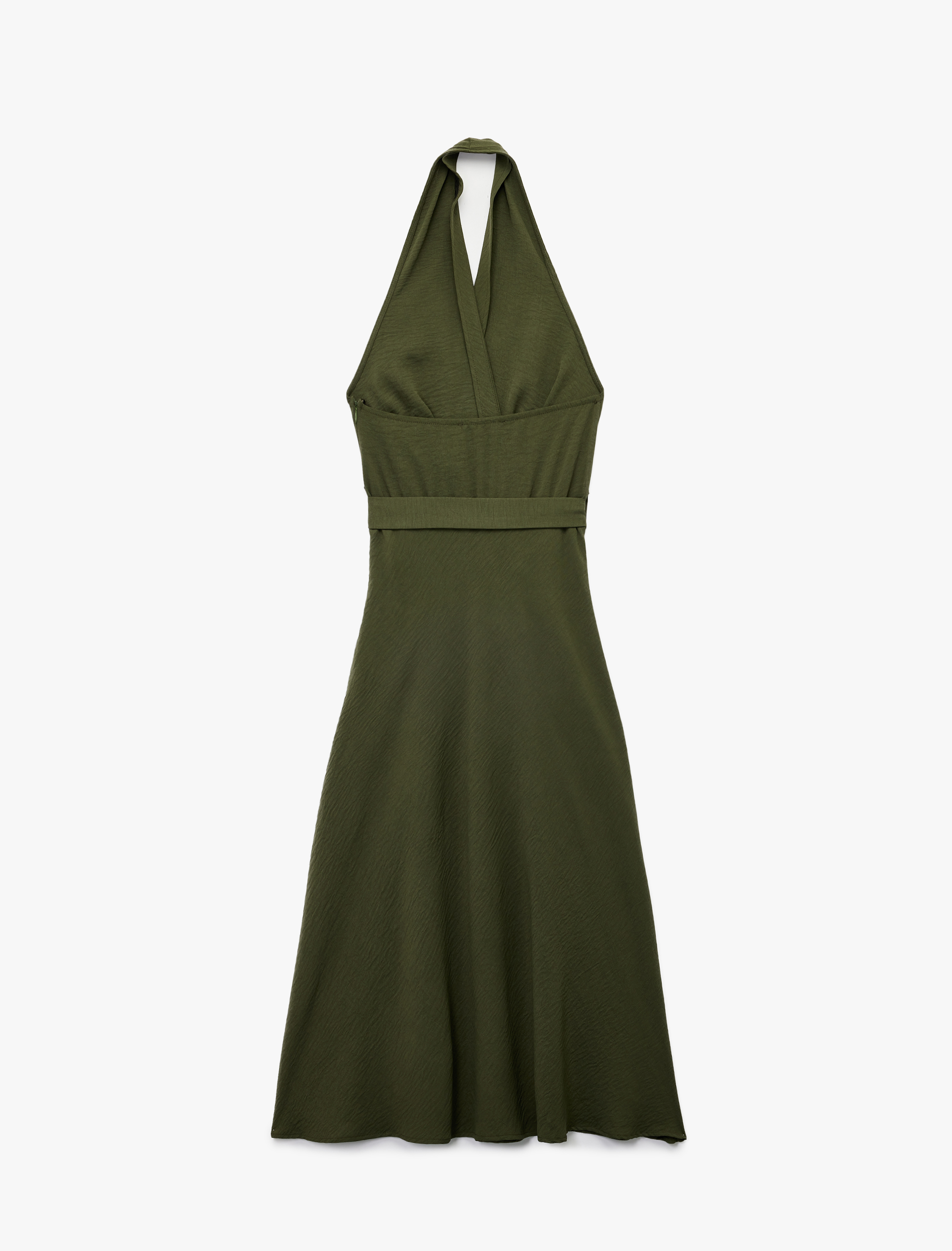   Aerobin Kumaş Sırt Dekolte Detaylı Kemerli Kruvaze Halter Yaka Kloş Elbise