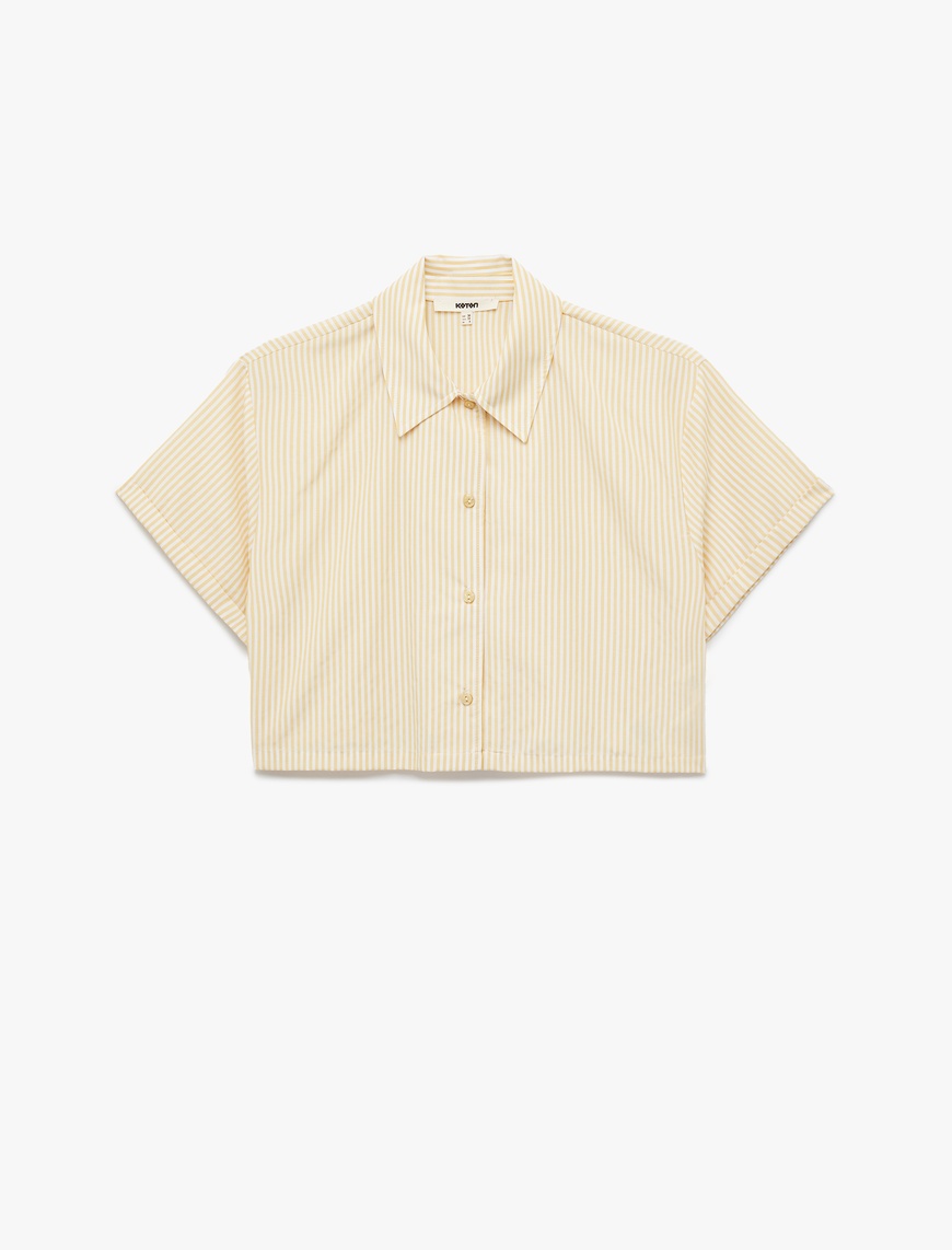   Regular Fit Kısa Kollu Çizgili Crop Poplin Gömlek