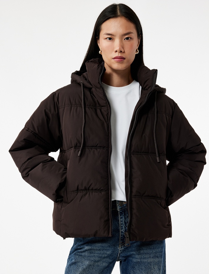  Uzun Kollu Cepli Fermuarlı Su İtici Kapüşonlu Anorak Şişme Mont