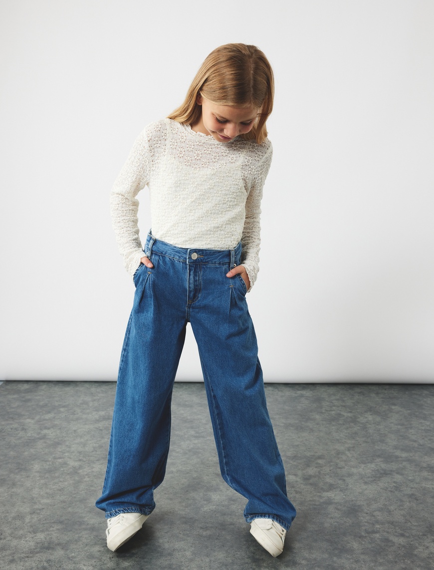  Kız Çocuk Pamuklu Cepli Geniş Paça Denim Pantolon