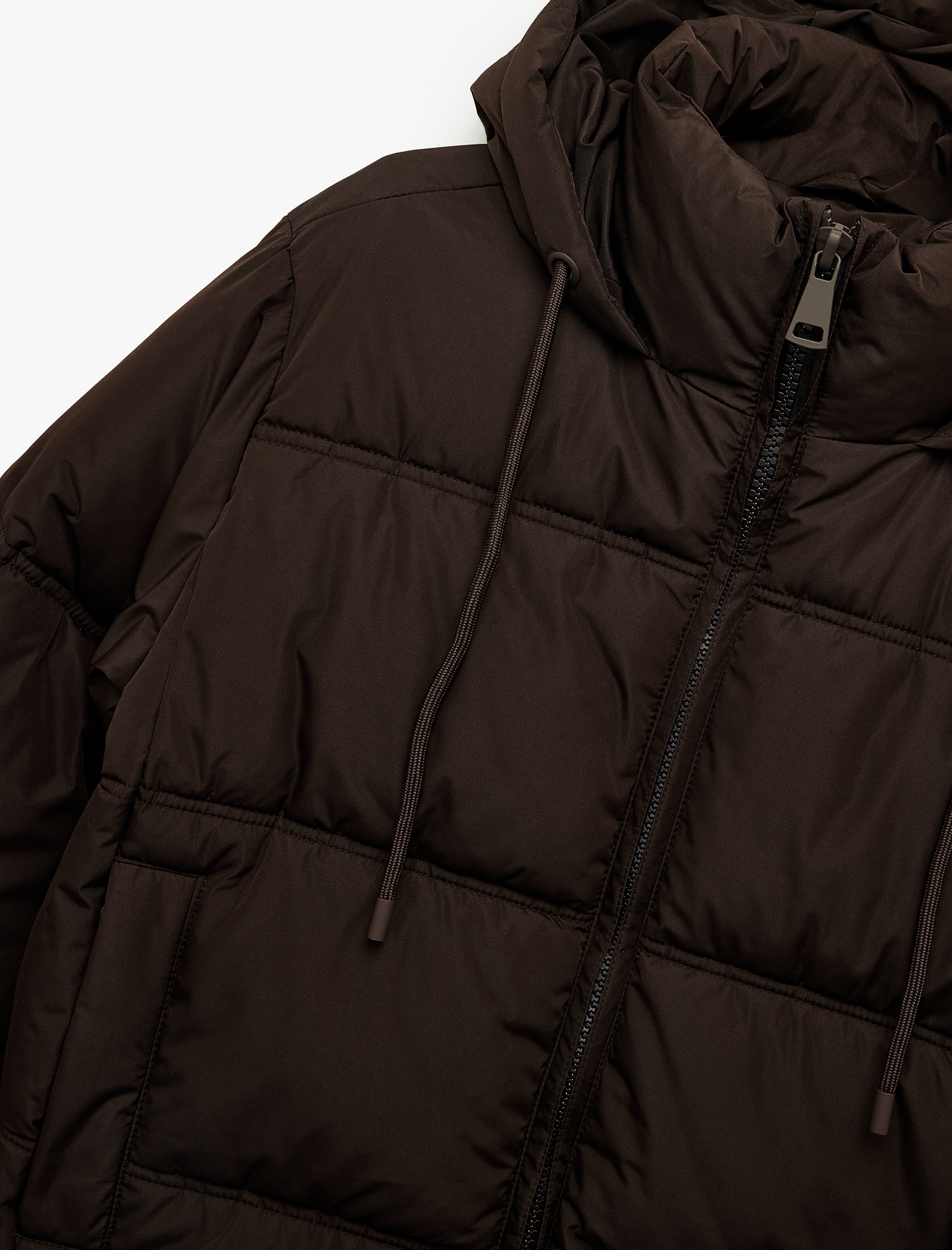   Uzun Kollu Cepli Fermuarlı Su İtici Kapüşonlu Anorak Şişme Mont