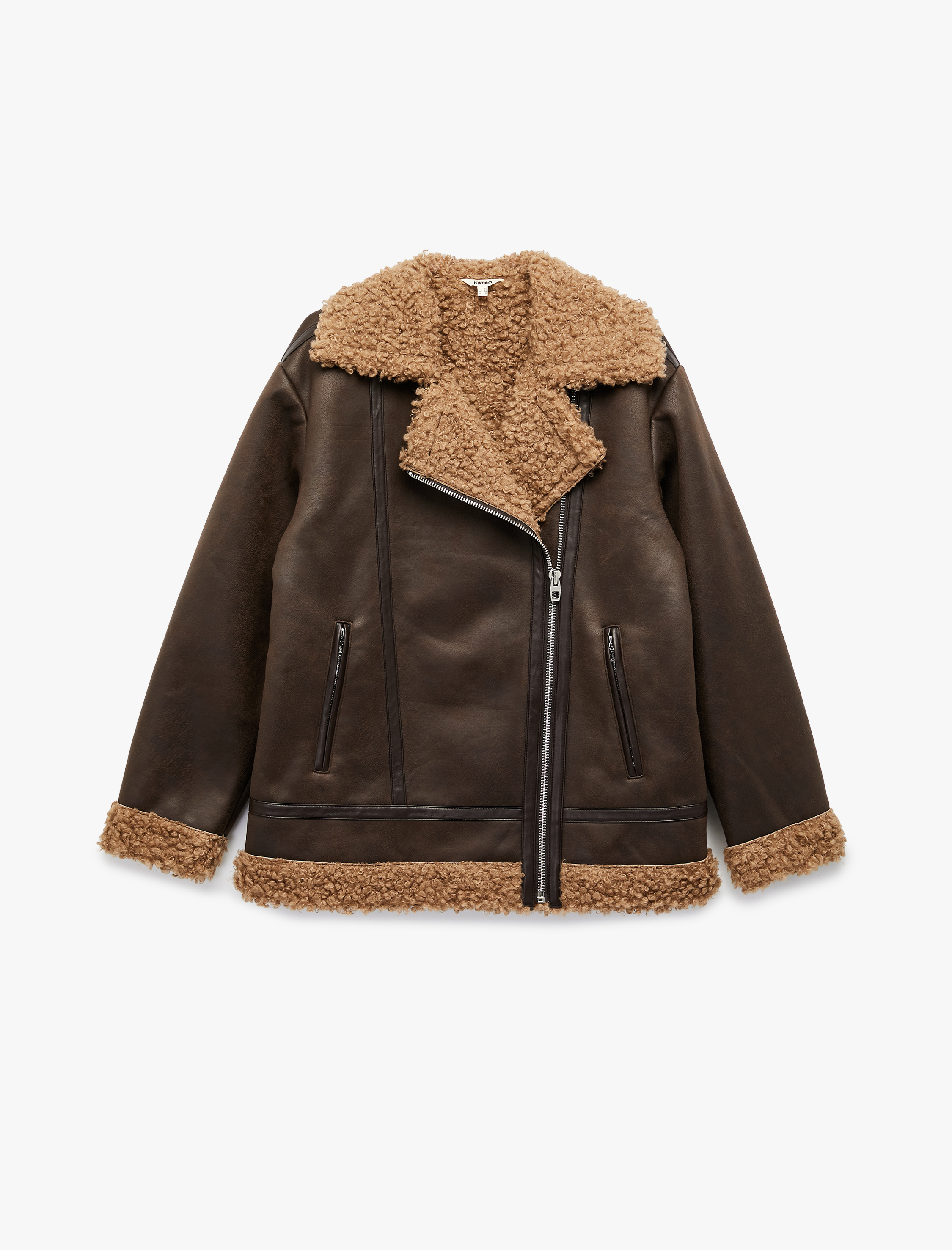   Uzun Kollu Fermuarlı Cepli Peluş Yaka Deri Görünümlü Biker Ceket