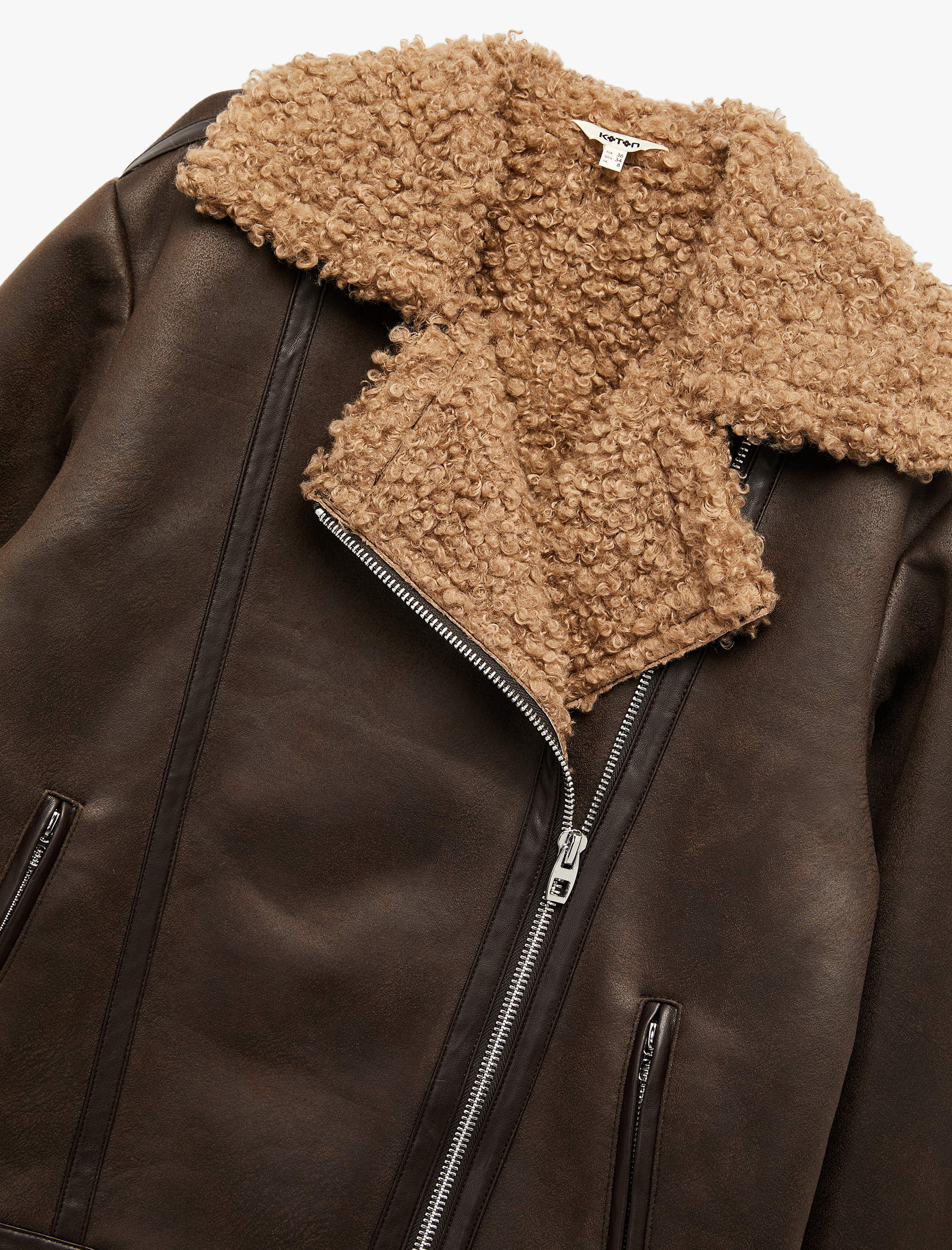   Uzun Kollu Fermuarlı Cepli Peluş Yaka Deri Görünümlü Biker Ceket