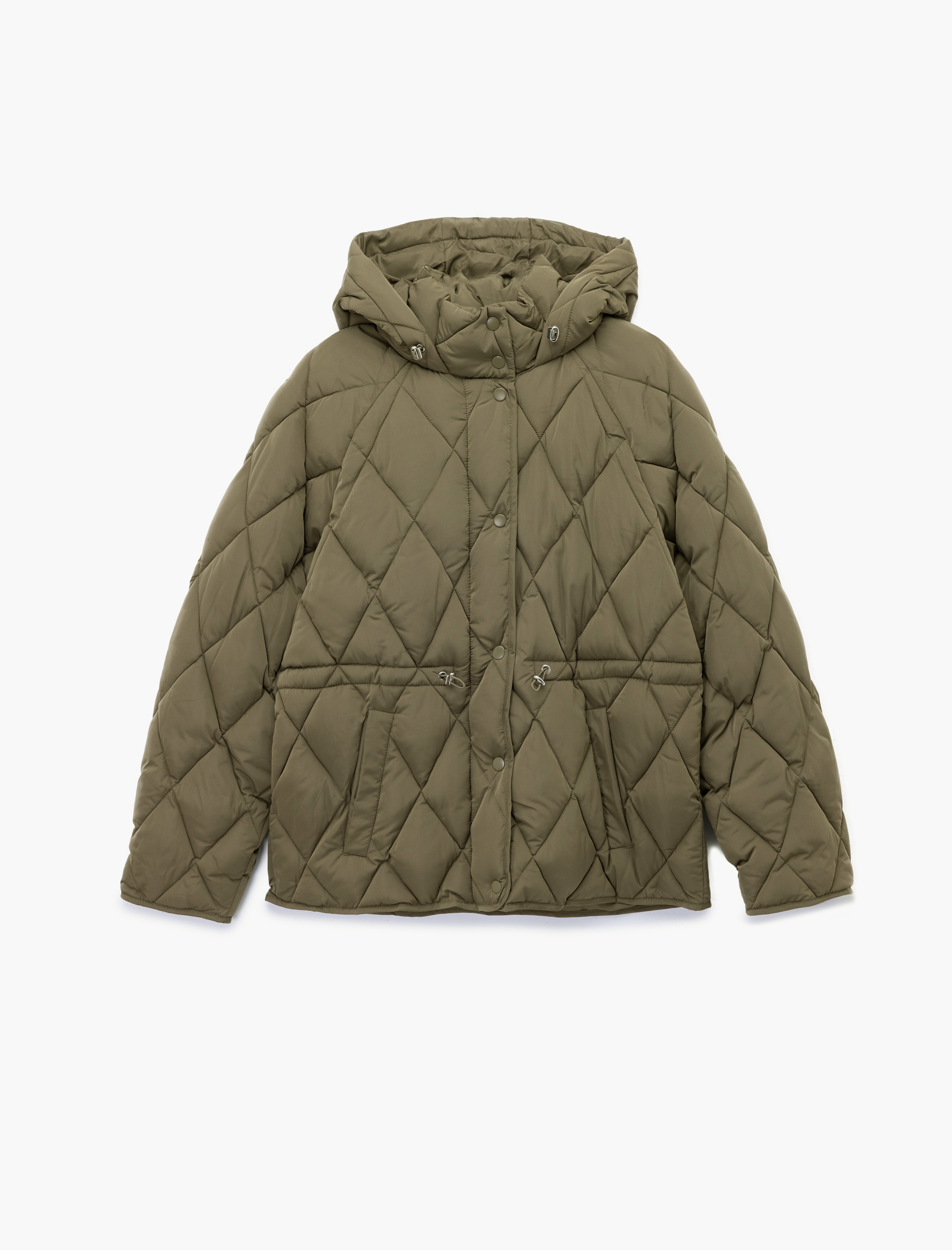   Beli Bağcıklı Uzun Kollu Cepli Su İtici Kapüşonlu Kapitone Şişme Mont