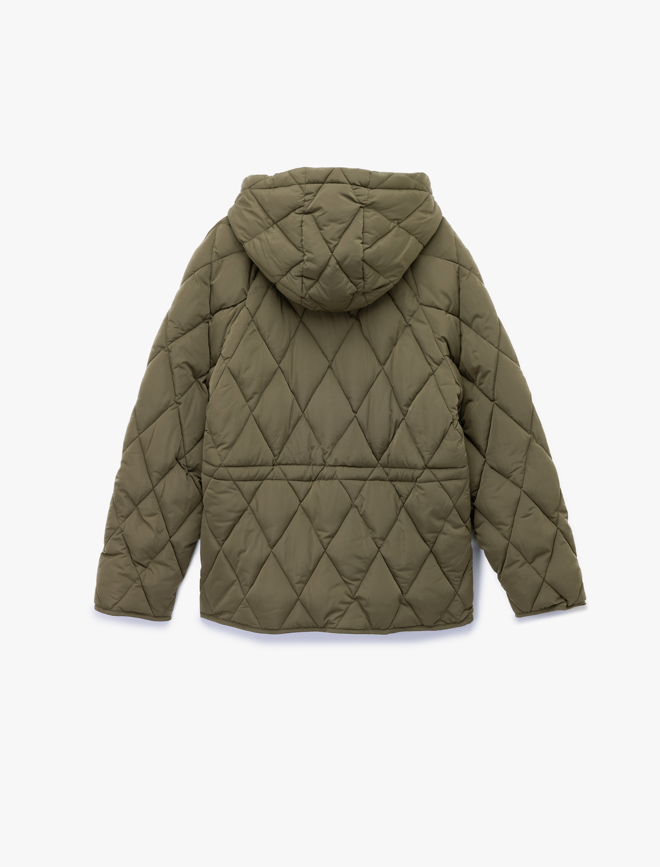   Beli Bağcıklı Uzun Kollu Cepli Su İtici Kapüşonlu Kapitone Şişme Mont