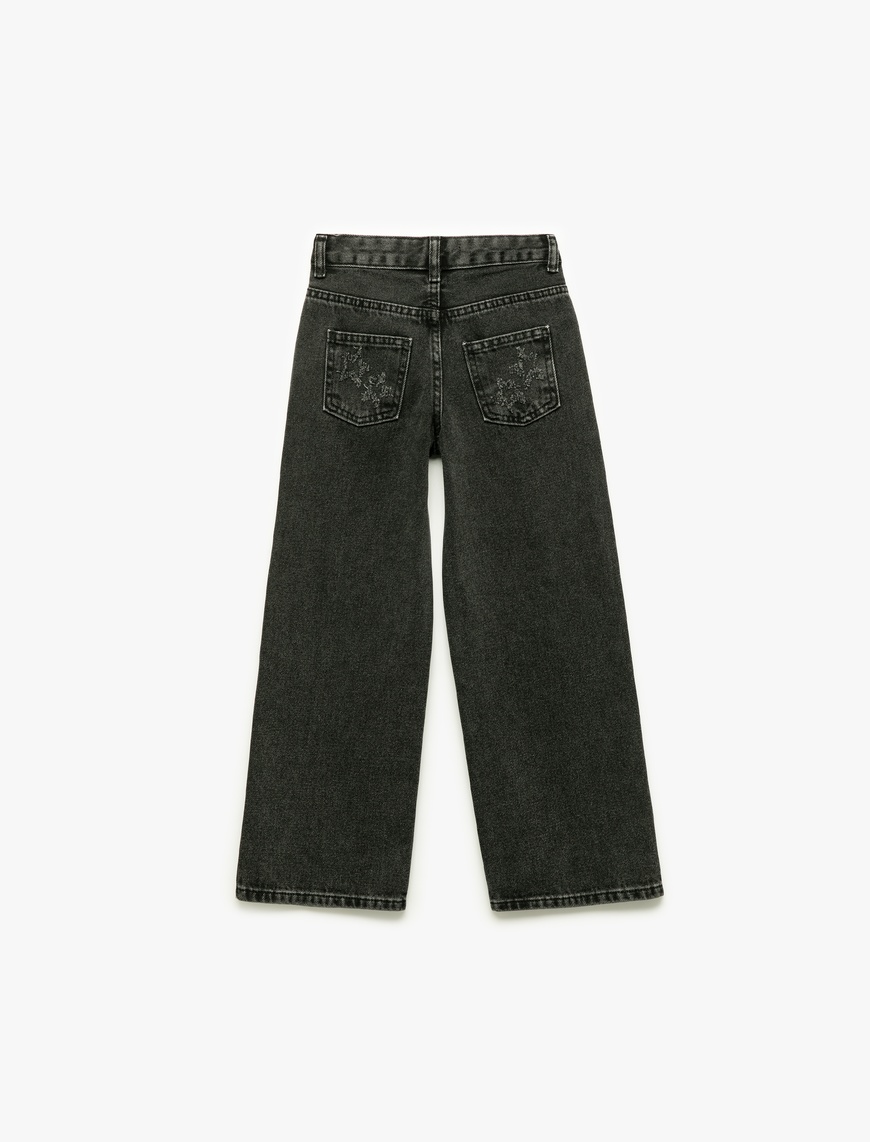  Kız Çocuk Yıldız Desenli Bol Kalıp Pamuklu Geniş Paça Denim Pantolon
