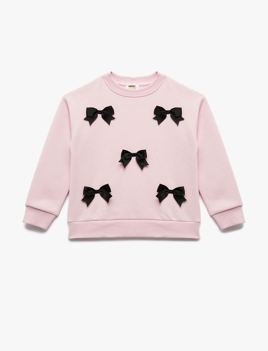  Kız Çocuk Fiyonklu Bisiklet Yaka Şardonlu Uzun Kollu Sweatshirt