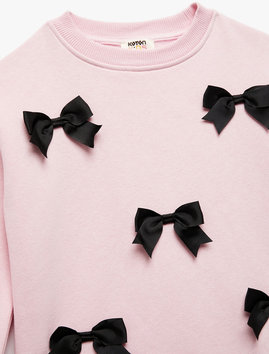  Kız Çocuk Fiyonklu Bisiklet Yaka Şardonlu Uzun Kollu Sweatshirt