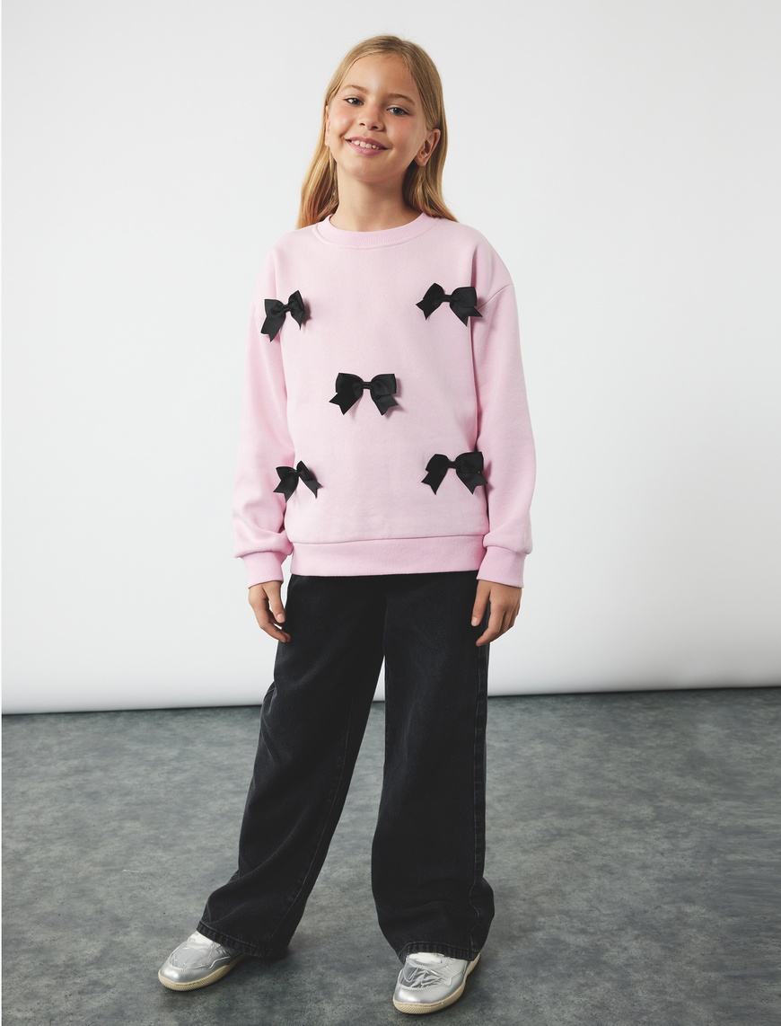  Kız Çocuk Fiyonklu Bisiklet Yaka Şardonlu Uzun Kollu Sweatshirt
