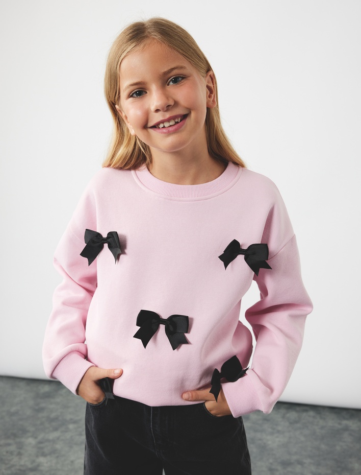 Kız Çocuk Fiyonklu Bisiklet Yaka Şardonlu Uzun Kollu Sweatshirt