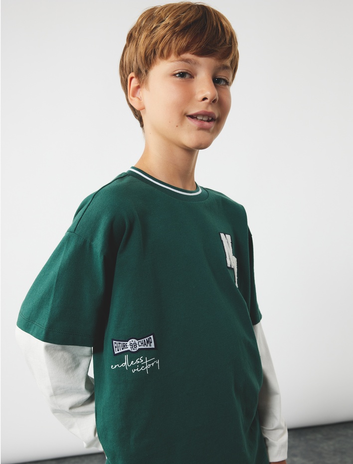 Erkek Çocuk Pamuklu Nakış Detaylı Uzun Kollu Bisiklet Yaka Tişört