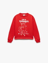 Şardonlu Uzun Kollu Bisiklet Yaka Pamuklu Unicorn Baskılı Sweatshirt