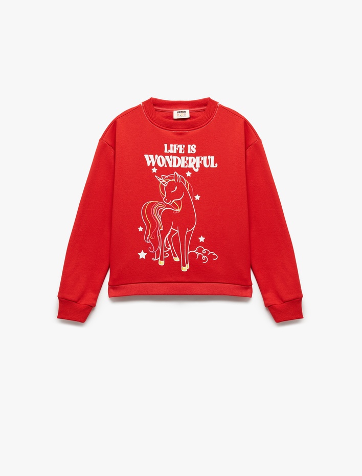 Kız Çocuk Şardonlu Uzun Kollu Bisiklet Yaka Pamuklu Unicorn Baskılı Sweatshirt
