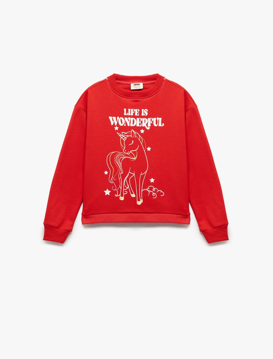  Kız Çocuk Şardonlu Uzun Kollu Bisiklet Yaka Pamuklu Unicorn Baskılı Sweatshirt