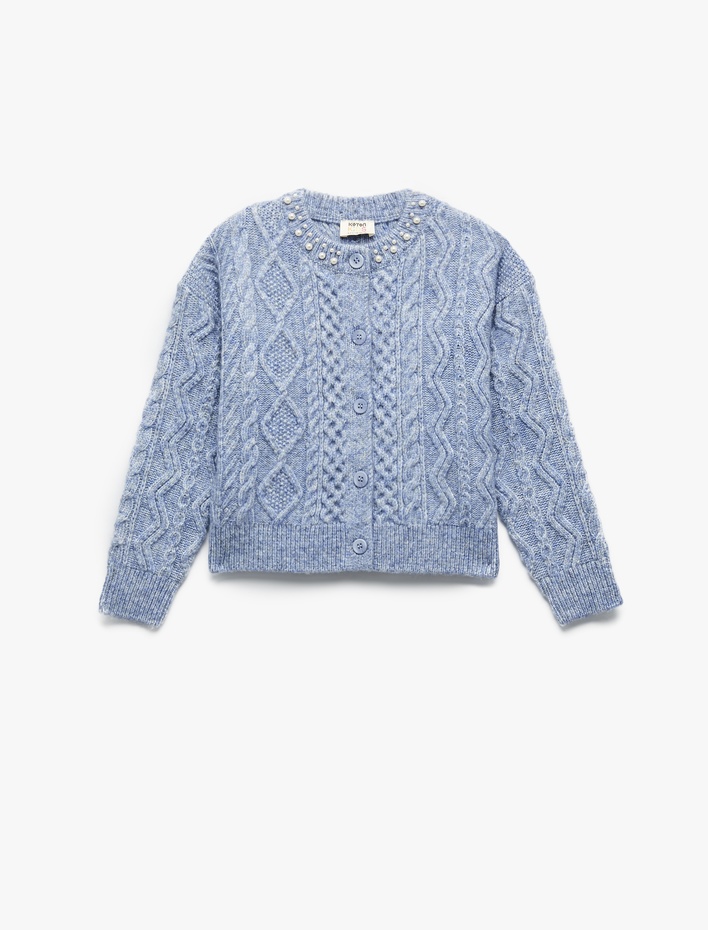 Kız Çocuk Uzun Kollu Bisiklet Yaka Taş Detaylı Triko Hırka