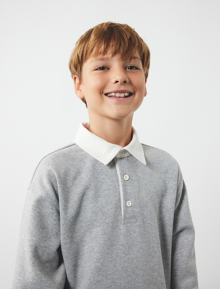 Erkek Çocuk Şardonlu Uzun Kollu Düğmeli Gömlek Yaka Sweatshirt