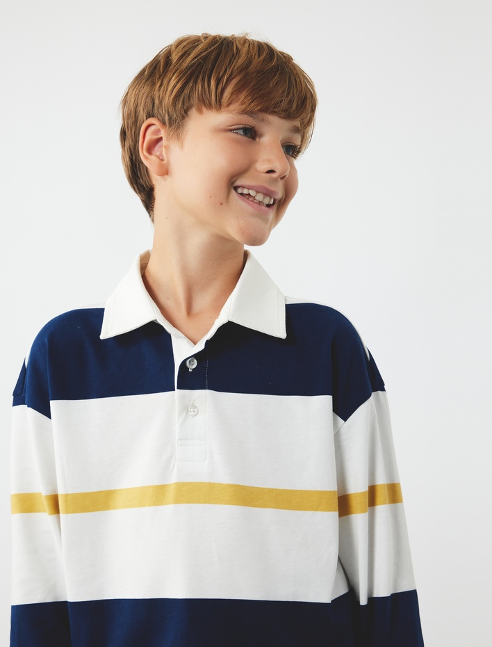 Erkek Çocuk Pamuklu Uzun Kollu Polo Yaka Çizgili Tişört