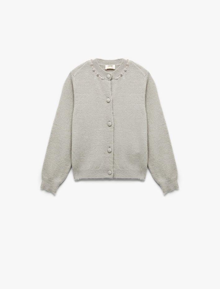 Kız Çocuk Uzun Kollu Düğme Detaylı Bisiklet Yaka Triko Hırka