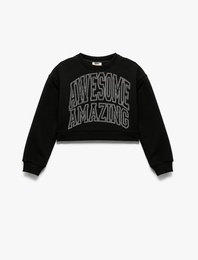 Şardonlu Uzun Kollu Bisiklet Yaka Taş Detaylı Sweatshirt