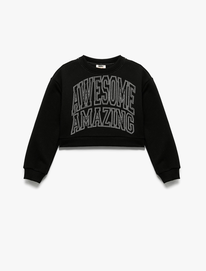 Kız Çocuk Şardonlu Uzun Kollu Bisiklet Yaka Taş Detaylı Sweatshirt