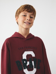 Şardonlu Kapşonlu Uzun Kollu Baskılı Pamuklu Oversize Sweatshirt