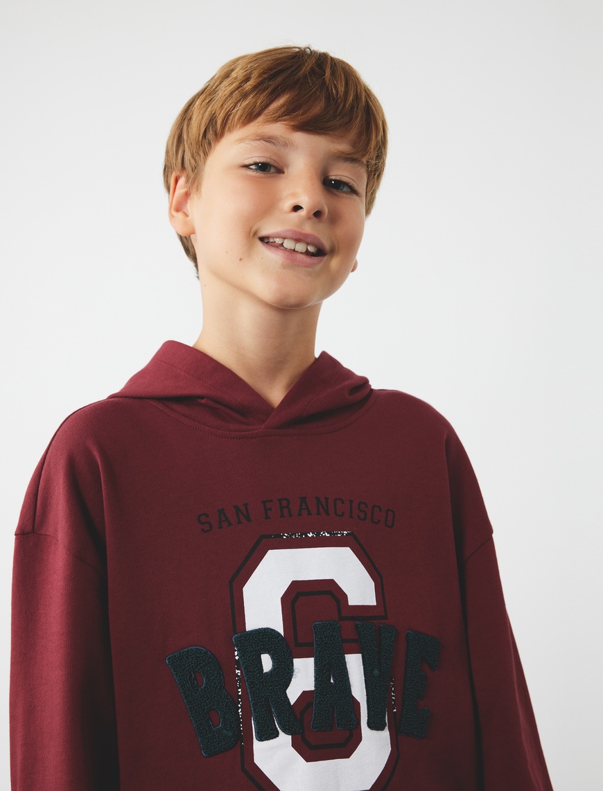  Erkek Çocuk Şardonlu Kapşonlu Uzun Kollu Baskılı Pamuklu Oversize Sweatshirt