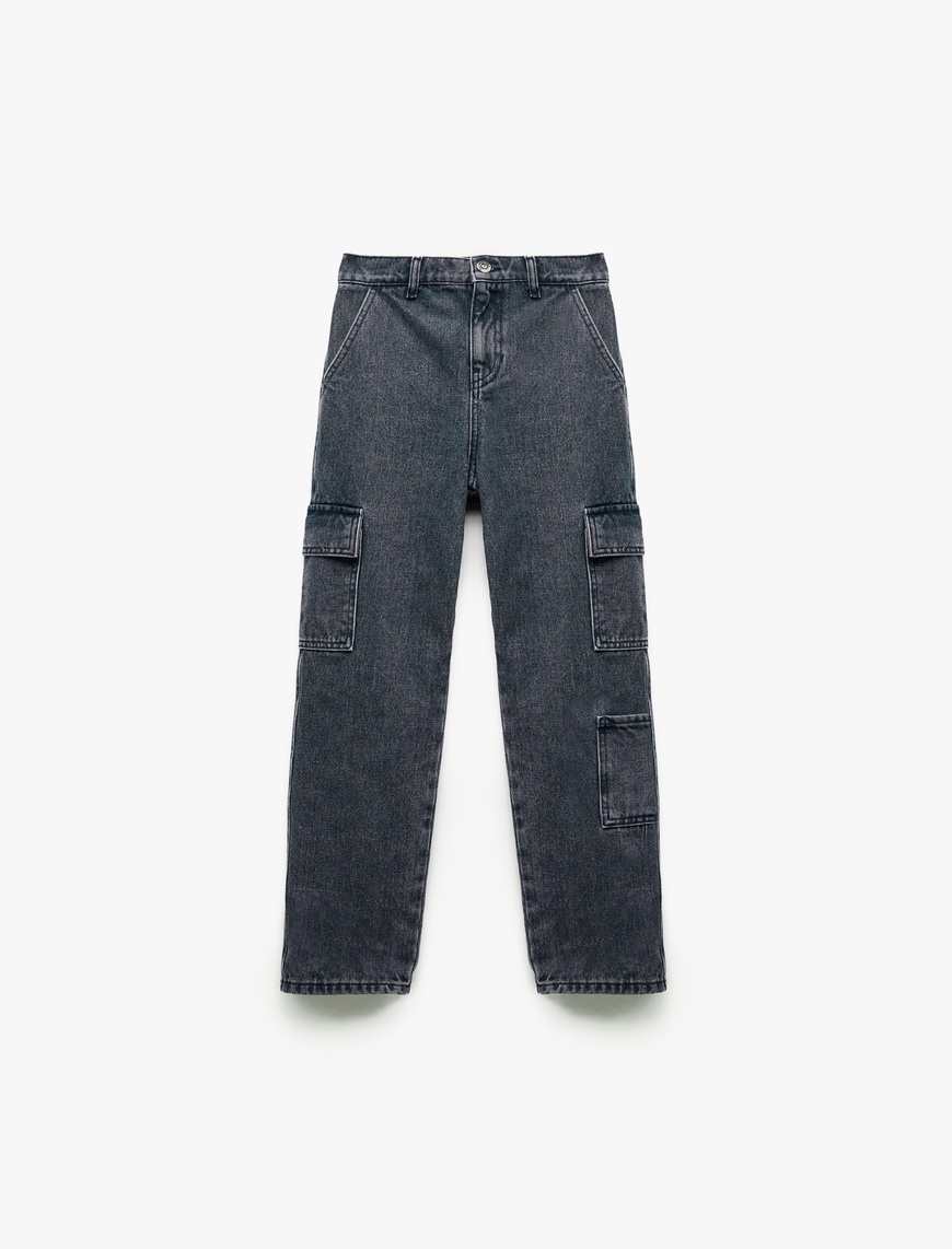 Erkek Çocuk Pamuklu Cep Detaylı Loose Fit Kargo Cepli Denim Pantolon