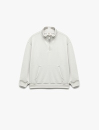 Yarım Fermuarlı Kanguru Cepli Uzun Kollu Dik Yaka Oversize Sweatshirt