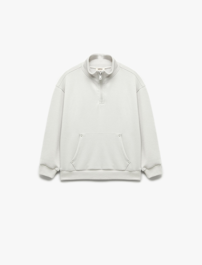 Erkek Çocuk Yarım Fermuarlı Kanguru Cepli Uzun Kollu Dik Yaka Oversize Sweatshirt