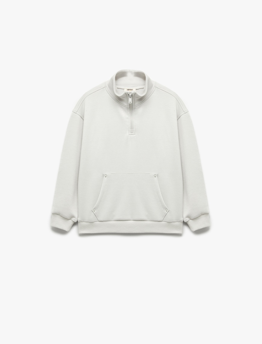  Erkek Çocuk Yarım Fermuarlı Kanguru Cepli Uzun Kollu Dik Yaka Oversize Sweatshirt