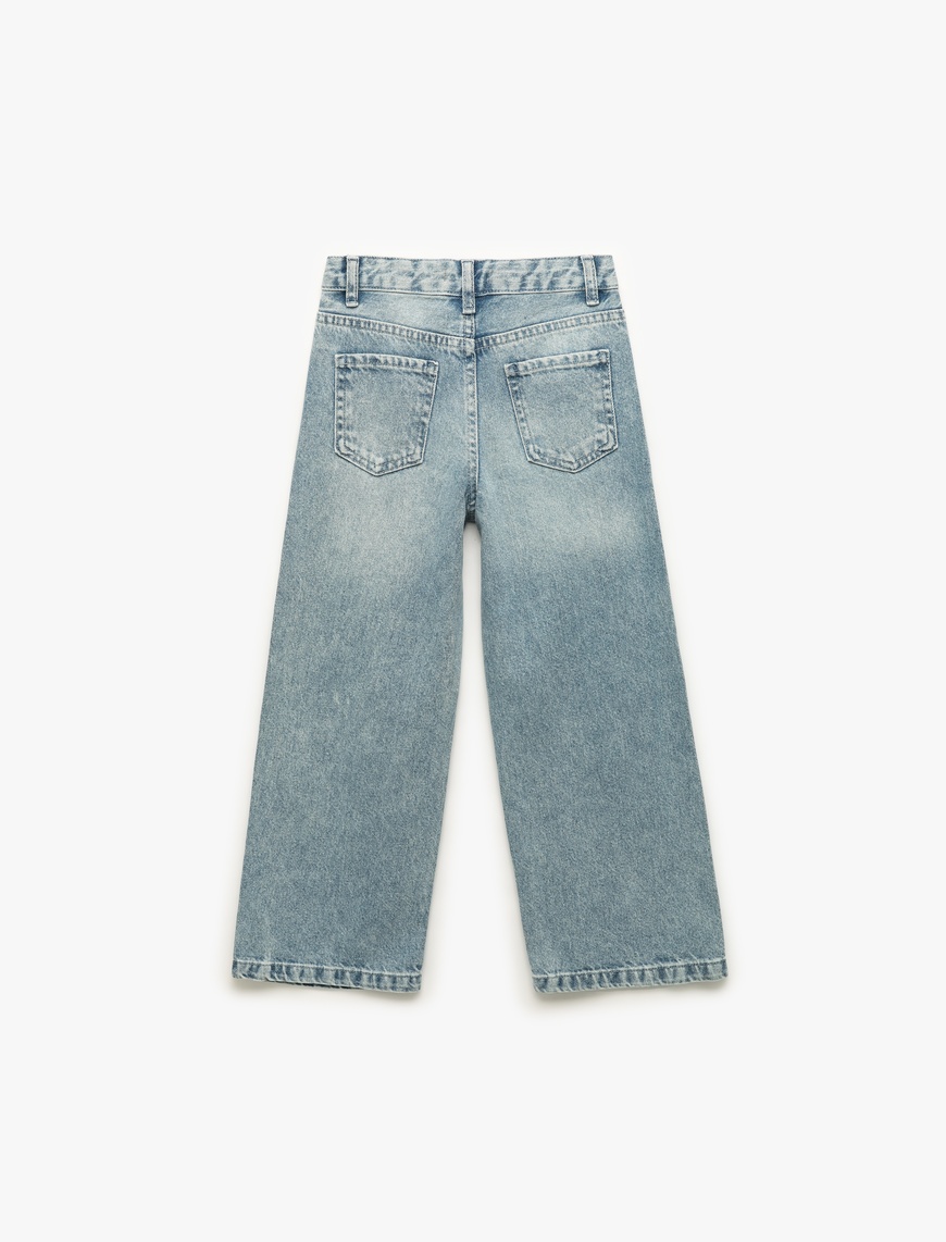  Kız Çocuk Pamuklu Taş Detaylı Geniş Paça Denim Pantolon